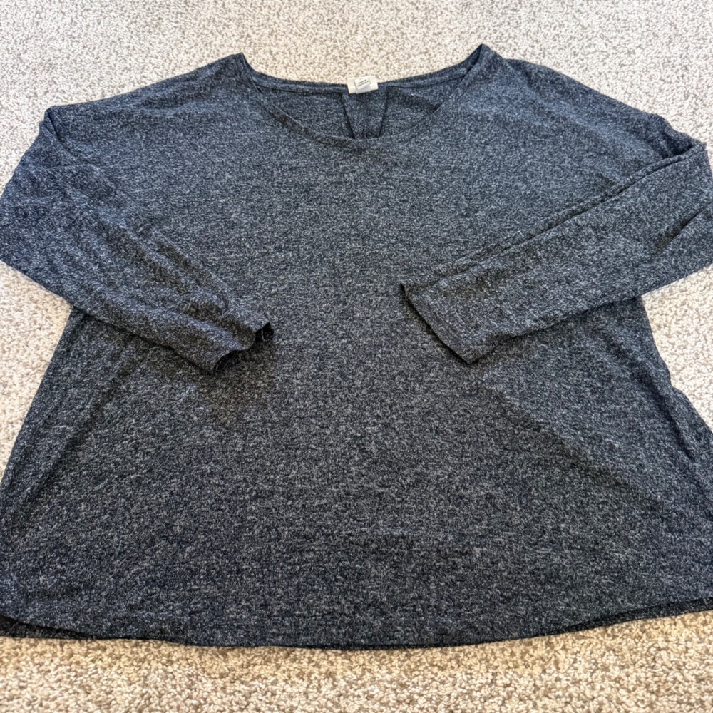 XL Gray Marl Knit Long Sleeve V Neck Pleated lightweight Sweater shirt preppy